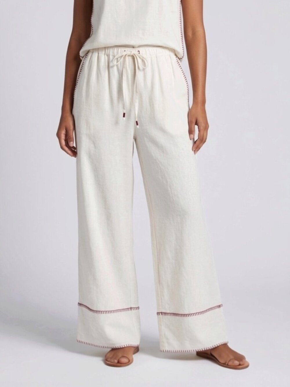 Calypso St Barth Linen Wide Leg Pants 10 Embroidered Resort Beach Coastal